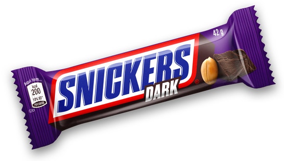 Snickers Dark angled on purple background